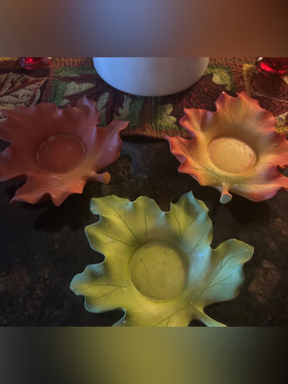 PartyLite Leaf Tealight Holders - Green and Orange